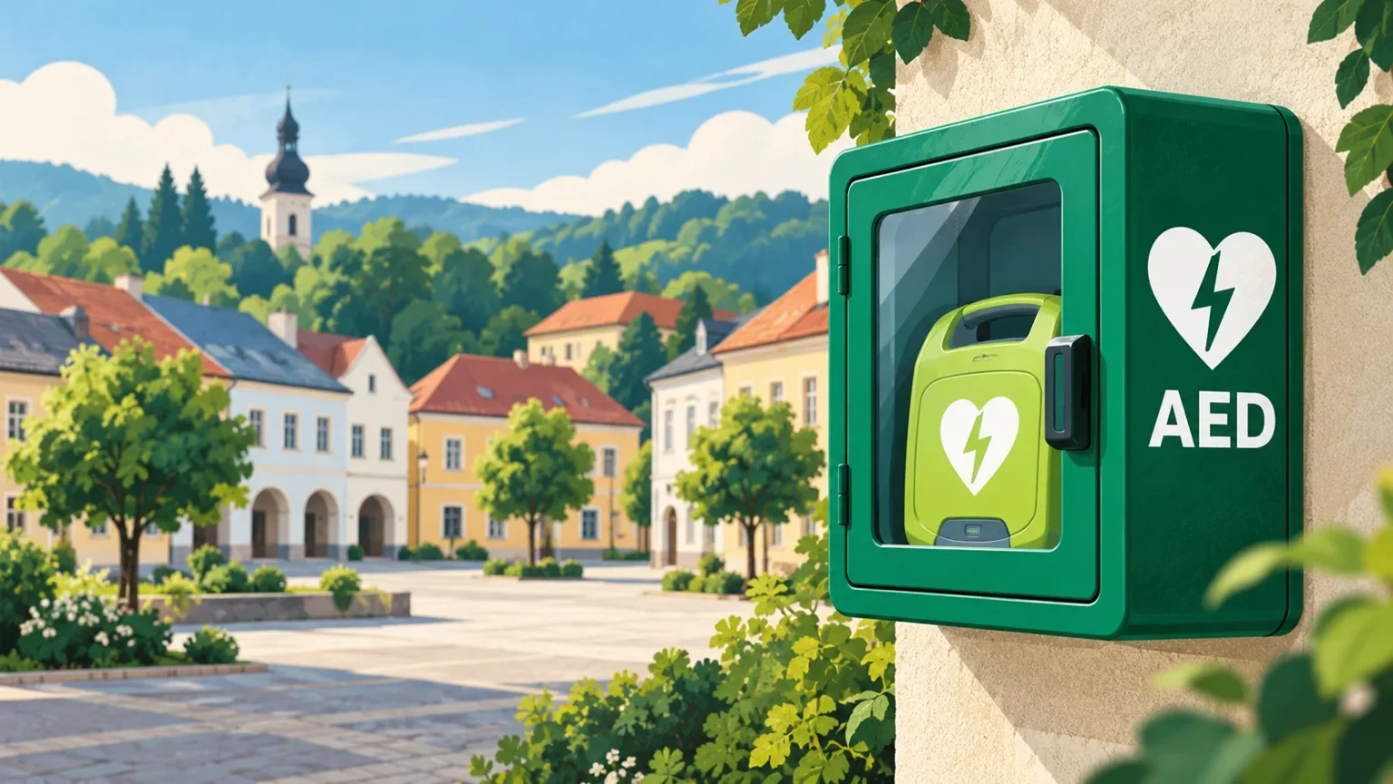 Ilustrace defibrilátoru AED v zeleném venkovním boxu s městským náměstím v pozadí