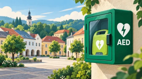 Ilustrace defibrilátoru AED v&nbsp;zeleném venkovním boxu s&nbsp;městským náměstím v&nbsp;pozadí
